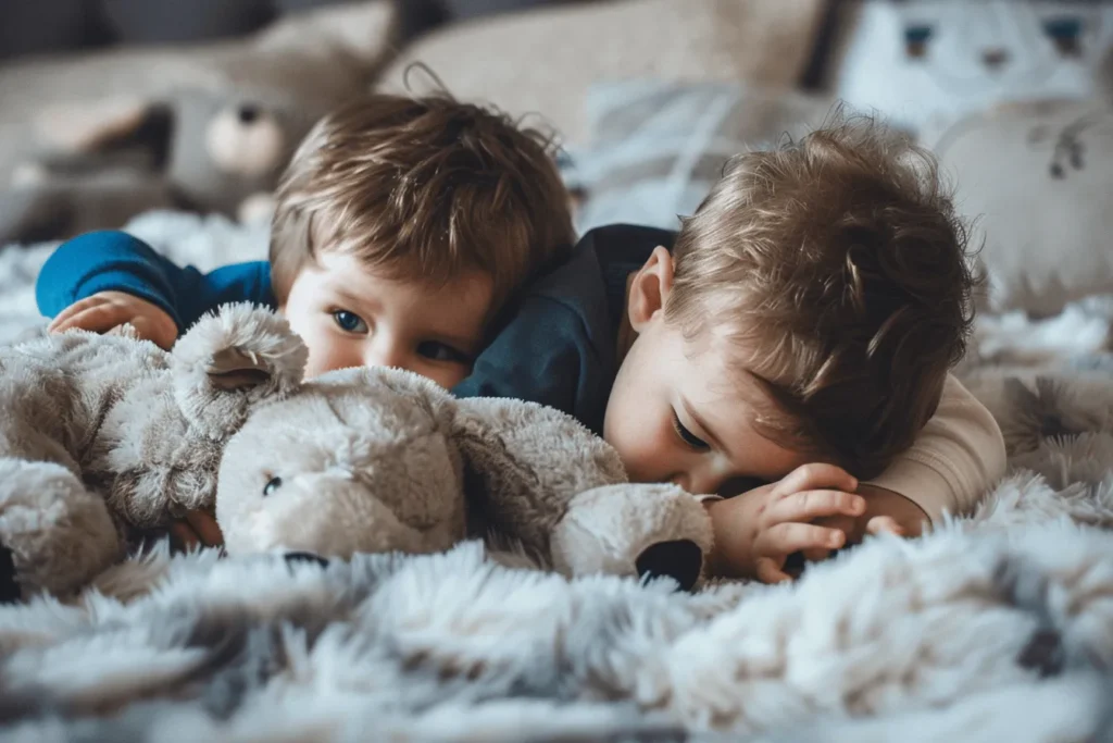 Two small children laying on a bed, with a stuff animal.